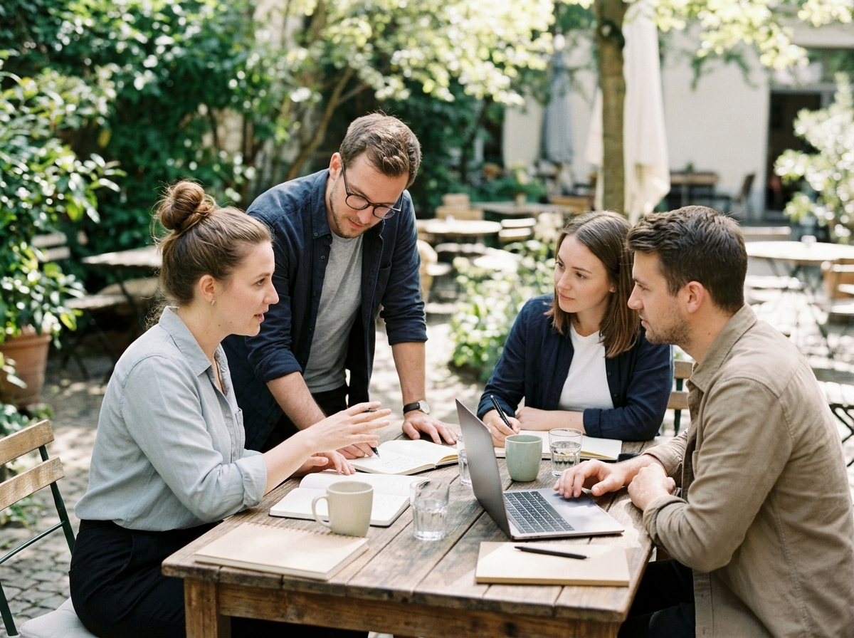 Small team sitting around an outdoor table with notebooks and a laptop, planning articles in daylight