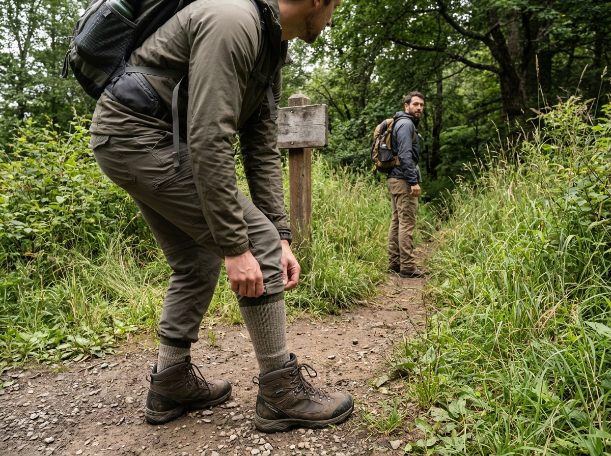 Walker tucking trousers into socks at a trailhead before heading into long grass