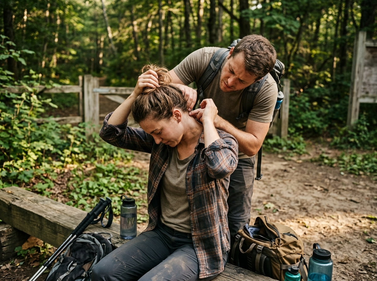 Two friends after a hike checking the backs of each other's necks for ticks