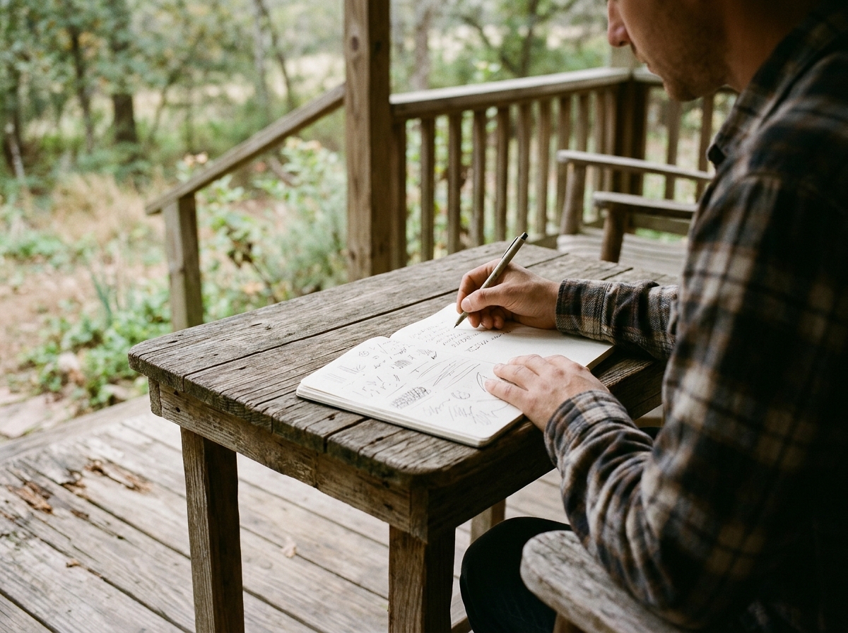 Person writing field notes in a notebook on a wooden porch in soft daylight