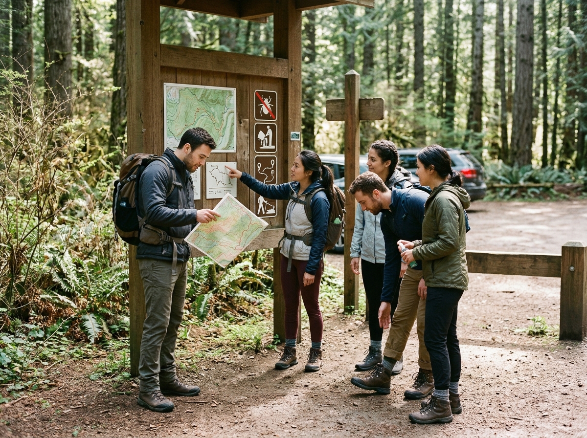 Group of friends at a trailhead discussing a map and tick precautions before a walk
