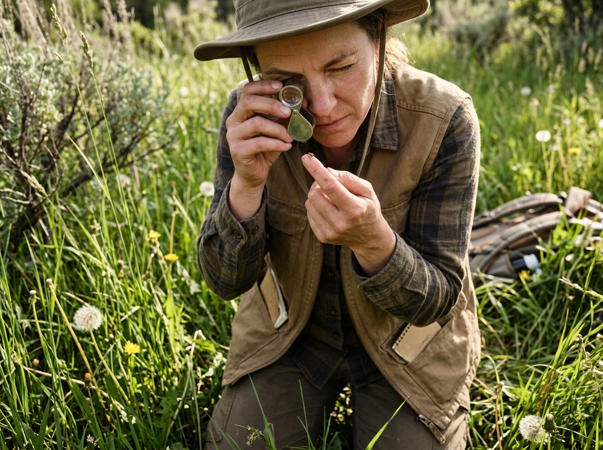Naturalist kneeling in tall grass, studying a tick on her fingertip through a hand lens