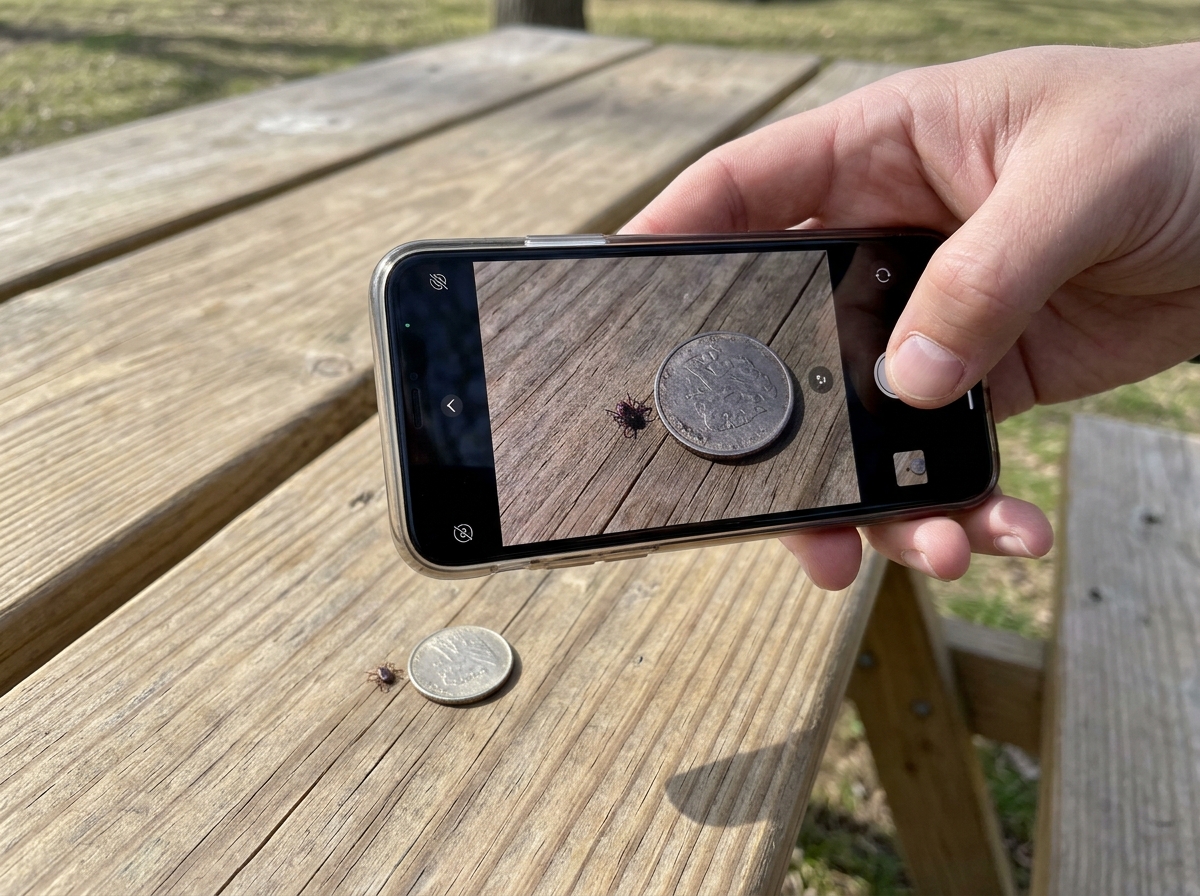 Hand holding a phone to photograph a tick placed beside a coin on a picnic table