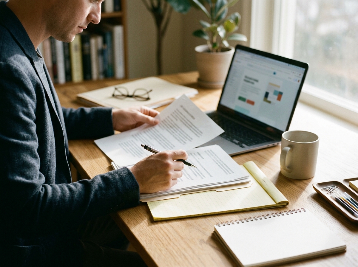 Person reviewing documents beside a laptop at a sunlit wooden desk