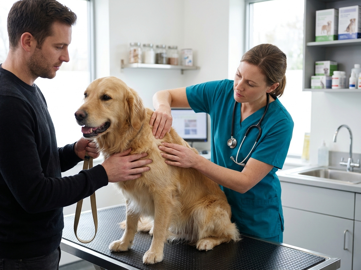 Veterinarian parting a dog's fur to check for ticks while the owner holds the lead in a bright clinic