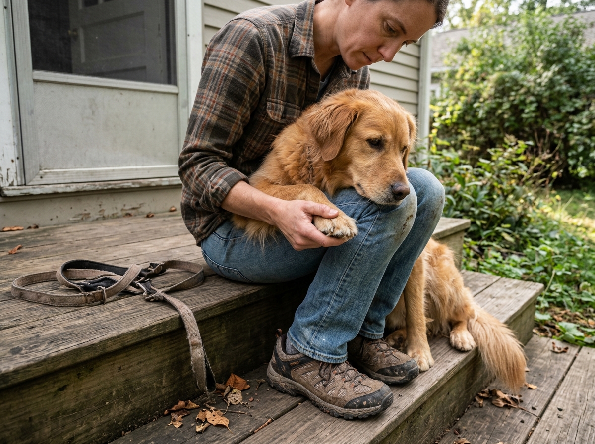 Owner on a back step checking between a dog's toes for ticks after a walk
