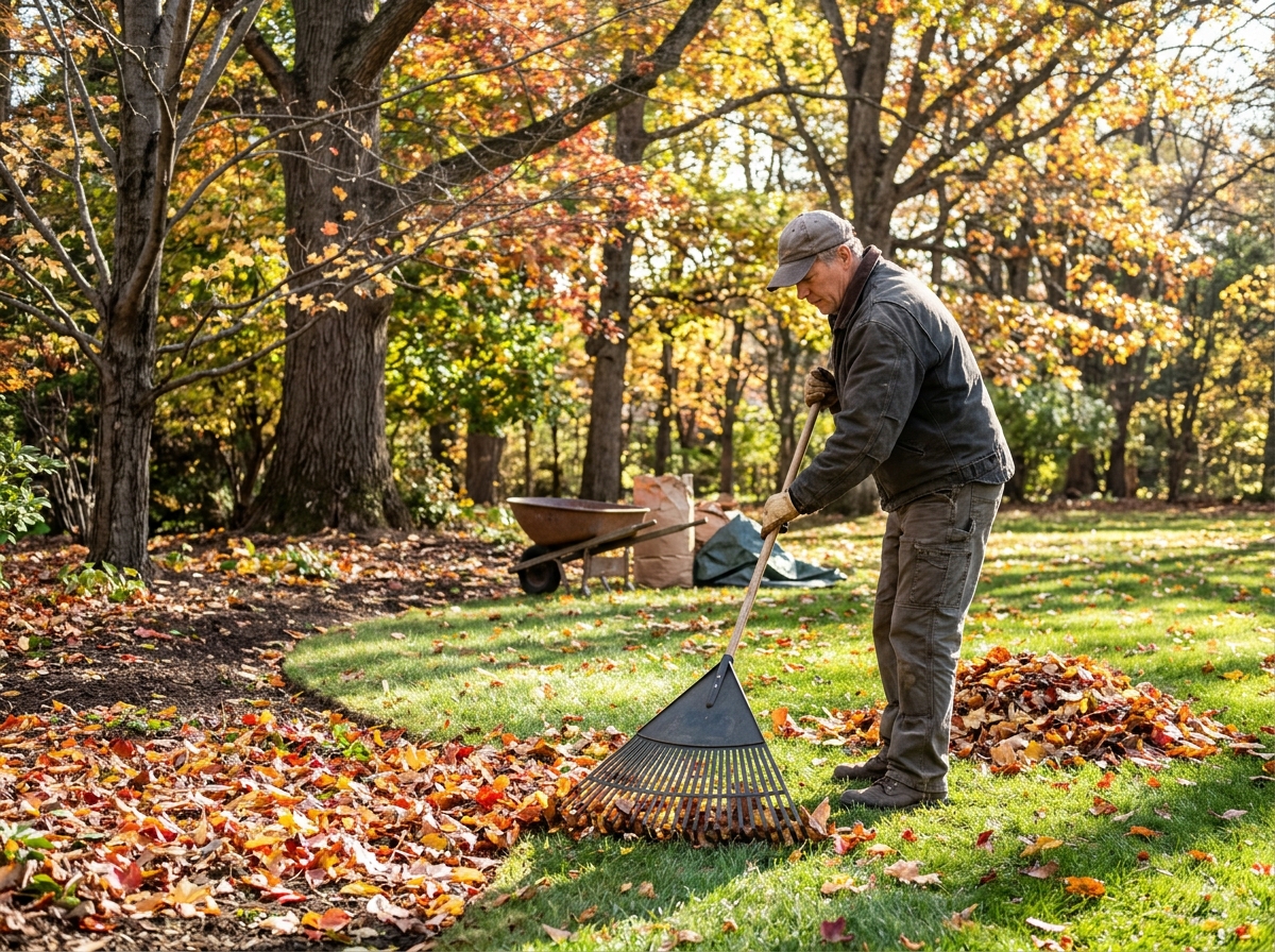 Gardener raking fallen leaves away from a lawn edge near trees on a bright autumn day