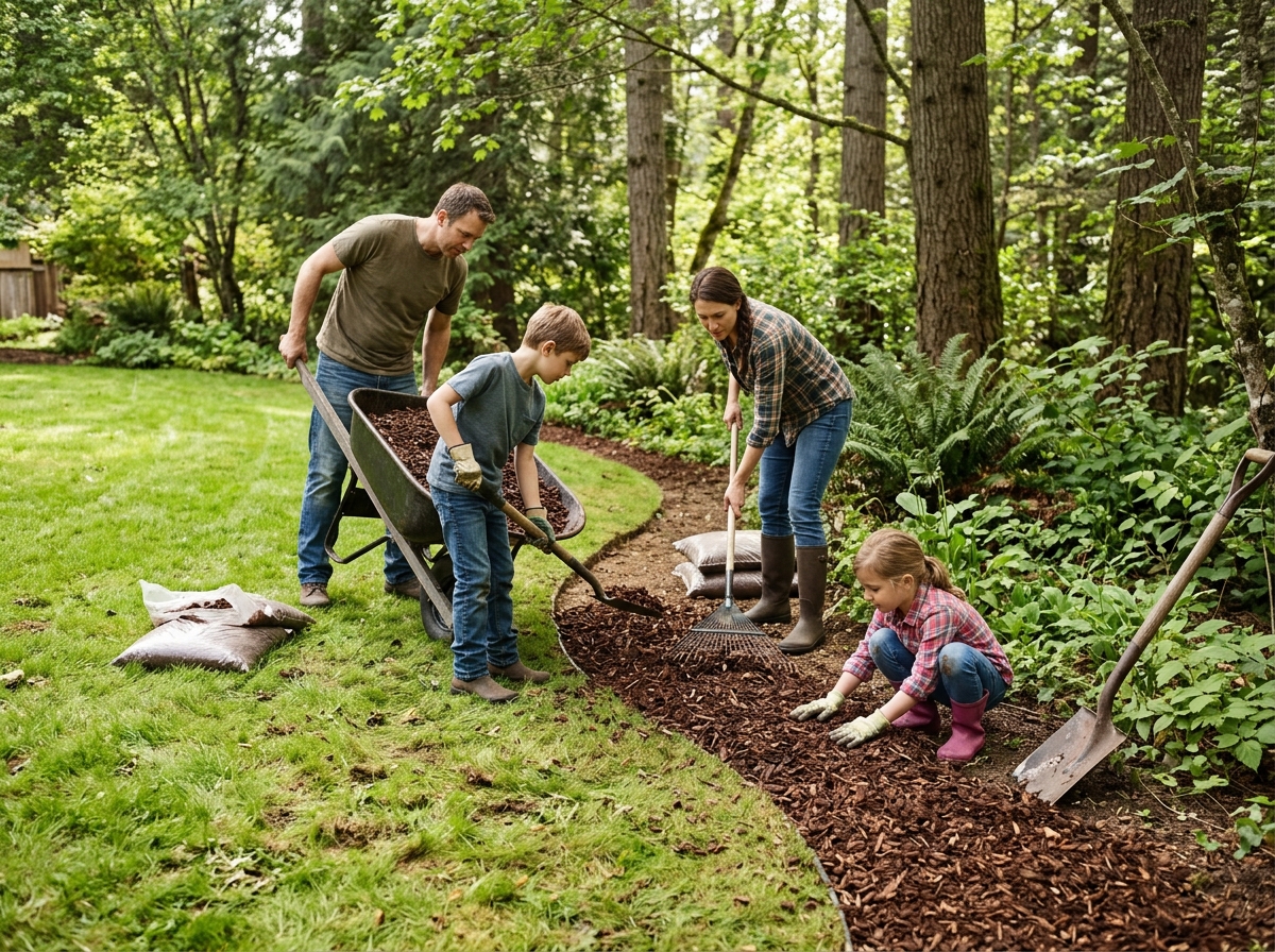 Family spreading wood chips along the border between a lawn and a wooded garden edge